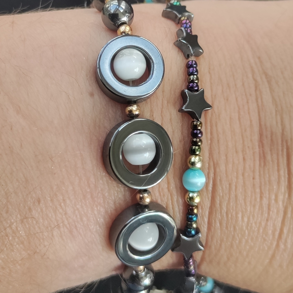 Hematite Blue & White Cats Eye Bracelet Set